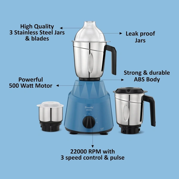 Preethi Plastic Crystal Mg224 Mixer Grinder, 500 Watt, Blue, 3 Jars, Vega W5 Motor With 5Yr Warranty&Lifelong Free Service  MG 224