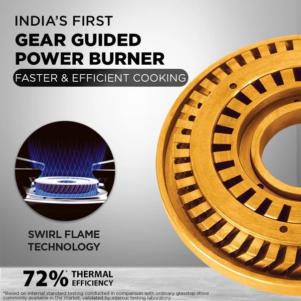Preethi Bluflame Sparkle Power Duo 3 Burner Glass top Gas Stove with Power Burner and Swirl flame technology, saves gas and cooks faster, Manual Ignition, Black  GTS-403 