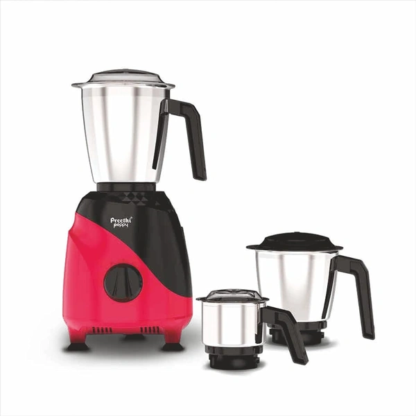 Preethi Peppy Mixer Grinder for Kitchen| 750 Watt Mixie, 3 jars | 5yr Motor Warranty & Lifelong Free Service | Black/Red  MG-245
