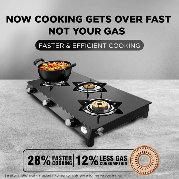 Preethi Bluflame Sparkle Power Duo 3 Burner Glass top Gas Stove with Power Burner and Swirl flame technology, saves gas and cooks faster, Manual Ignition, Black  GTS-403 