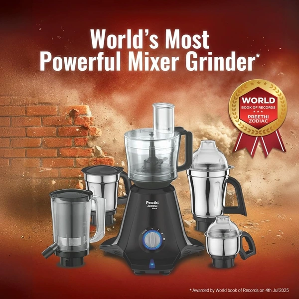 Preethi Zodiac MG-218 mixer grinder, 750 watt, Black/Light Grey, 5 jars - 3 In 1 insta fresh juicer Jar & Master chef food processor Jar, Vega W5 motor with 5yr Warranty & Lifelong Free Service MG-261