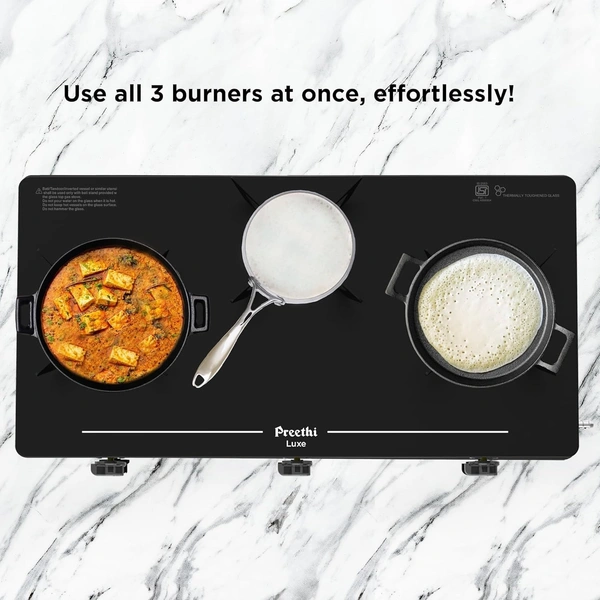 ‎Preethi Luxe 3 Burner Glass Top Gas Stove With Driptray Less Infinity Design, 5 Year Warranty On Glass & Burner, Manual Design, Black  GTS-415