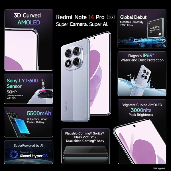 Redmi Note 14 Pro 5G Phantom Purple 8GB RAM 128GB Storage|50 MP Sony Camera Setup|Corning Gorilla Glass Victus 2 | 1.5K 3D Curved AMOLED | Mediatek Dimensity 7300- Ultra