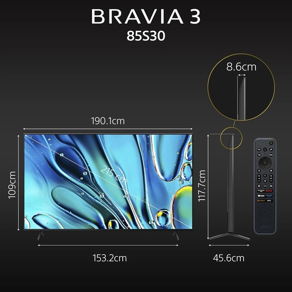  Sony BRAVIA 3 Series 215 cm (85 inches) 4K Utra HD AI Smart LED Google TV K-85S30 (Black)