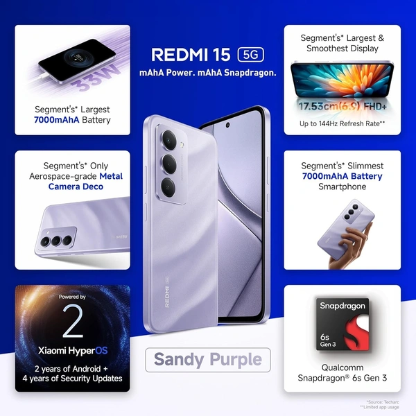 Redmi 15 5G Sandy Purple 8GB + 256GB | Segment's Largest 7000mAhA Battery | Segment's Largest Display 17.53cm(6.9) Up to 144Hz | Snapdragon 6s Gen 3 | 18W Reverse Charging | 50MP AI Dual Camera