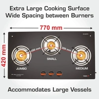 Vidiem AIR Plus 3 Burner Gas Stove Manual Ignition | Toughened Glass Top Gas Stove | Frameless Design | 8mm Glass Cooktop | Orange & Black | ISI Certified |