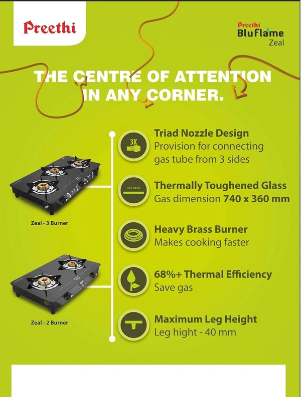 Preethi - GTS123 Zeal glass top 2 burner gas stove, Manual Ignition, Black (ISI Certified)  GTS-123