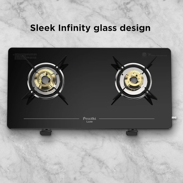 Preethi Luxe 2 Burner Glass Top Gas Stove With Driptray Less Infinity Design, 5 Year Warranty on Glass & Burner, Manual Design, Black  GTS-414