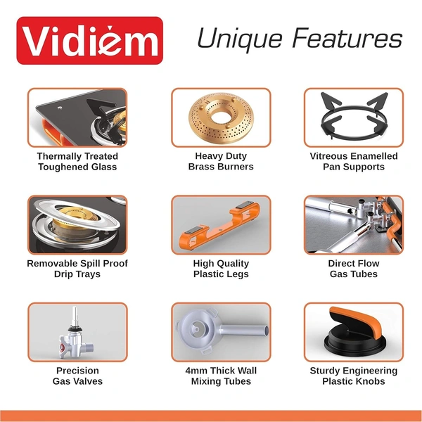 Vidiem Air Plus 2 Burner Gas Stove | Frameless 8mm Toughened Glass Cooktop | Manual Ignition | Heavy Duty Brass Burners | Lifetime Glass Warranty