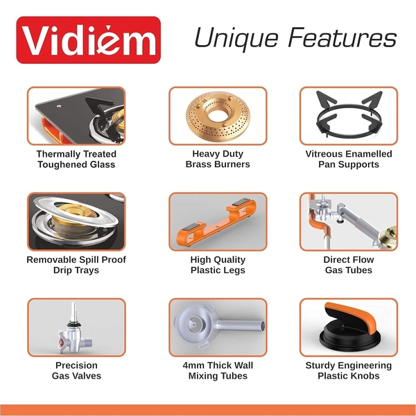 Vidiem AIR Plus 3 Burner Gas Stove Manual Ignition | Toughened Glass Top Gas Stove | Frameless Design | 8mm Glass Cooktop | Orange & Black | ISI Certified |