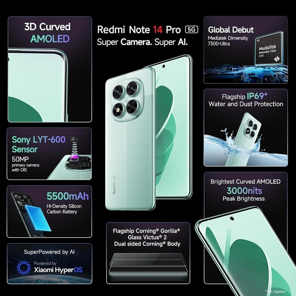 Redmi Note 14 Pro 5G Ivy Green 8GB RAM 256GB Storage|50 MP Sony Camera Setup|Corning Gorilla Glass Victus 2 | 1.5K 3D Curved AMOLED | Mediatek Dimensity 7300- Ultra