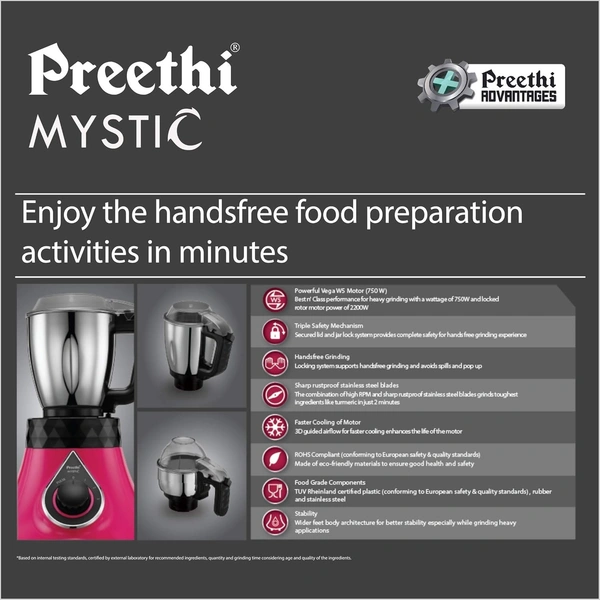 Preethi Mystic MG238 Mixer Grinder, 750 watt with 3 Jars, Pink  MG-238