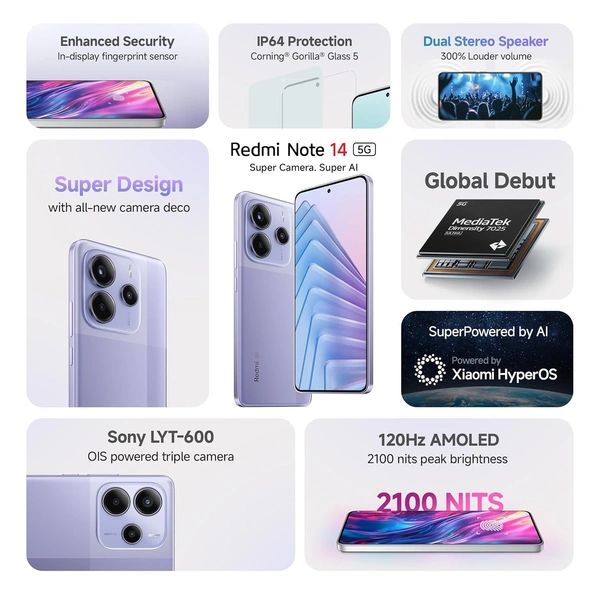Redmi Note 14 5G Phantom Purple (8GB RAM 128GB Storage) | Global Debut MTK Dimensity 7025 Ultra | 2100 nits Segment Brightest 120Hz AMOLED | 50MP Sony LYT 600 OIS+EIS Triple Camera