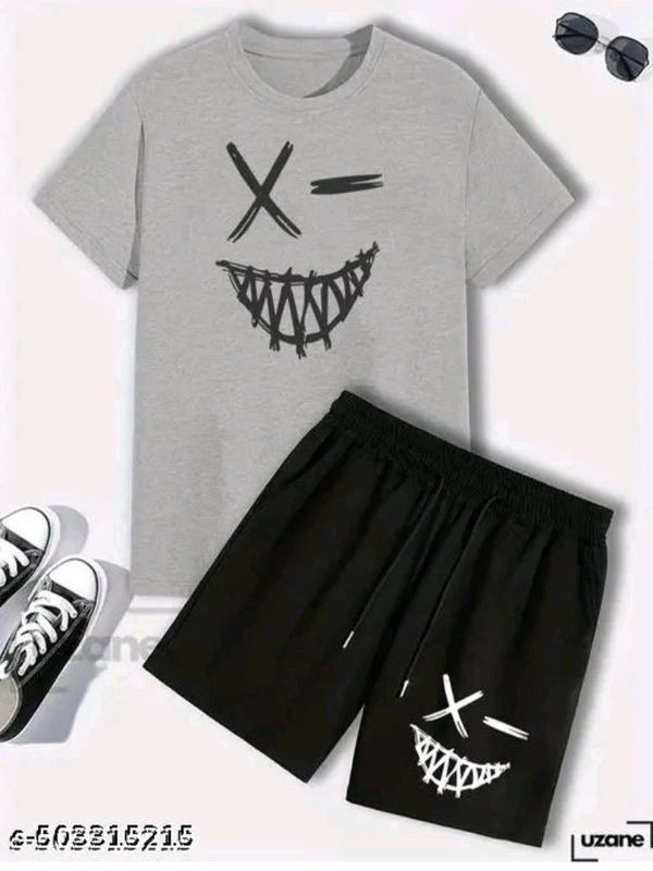 Boys Casual Top & Bottom Short Sleeves Set Printed Round Neck Cotton Pure  - Black, 9