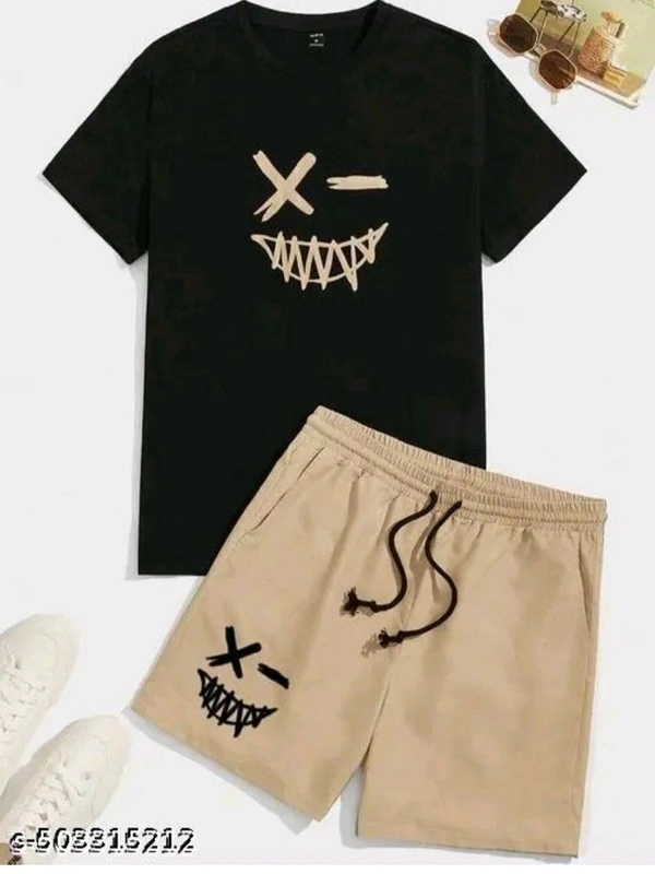 Boys Casual Top & Bottom Short Sleeves Set Printed Round Neck Cotton Pure  - Cream, 9.5