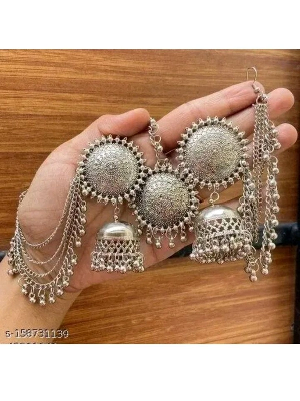 Oxidized Silver Jhumka Earrings with Multi-Layer Chain & Beaded Tassels for Women and Girls - Traditional Afghani Tribal Ear Chain Jewelry (Available in Multiple Colors)" - Black