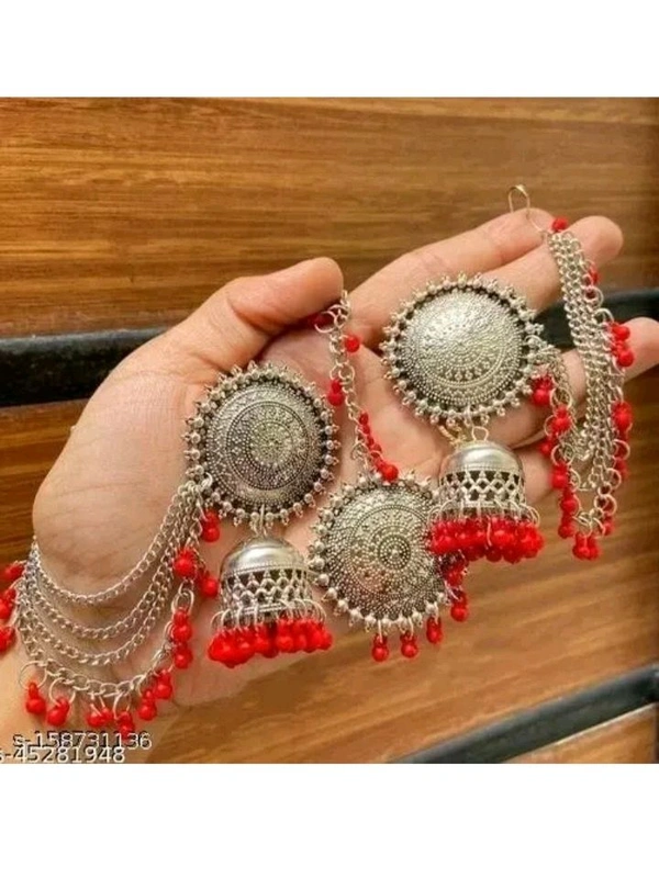 Oxidized Silver Jhumka Earrings with Multi-Layer Chain & Beaded Tassels for Women and Girls - Traditional Afghani Tribal Ear Chain Jewelry (Available in Multiple Colors)" - Black