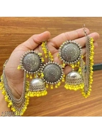 Oxidized Silver Jhumka Earrings with Multi-Layer Chain & Beaded Tassels for Women and Girls - Traditional Afghani Tribal Ear Chain Jewelry (Available in Multiple Colors)" - Black