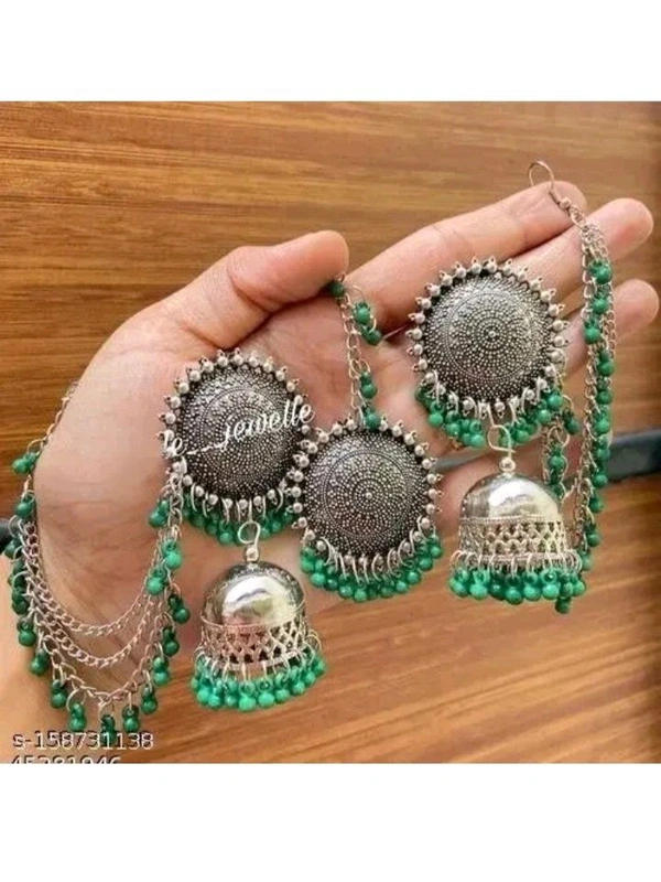 Oxidized Silver Jhumka Earrings with Multi-Layer Chain & Beaded Tassels for Women and Girls - Traditional Afghani Tribal Ear Chain Jewelry (Available in Multiple Colors)" - Black