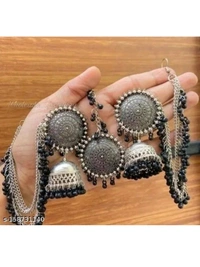 Oxidized Silver Jhumka Earrings with Multi-Layer Chain & Beaded Tassels for Women and Girls - Traditional Afghani Tribal Ear Chain Jewelry (Available in Multiple Colors)" - Black