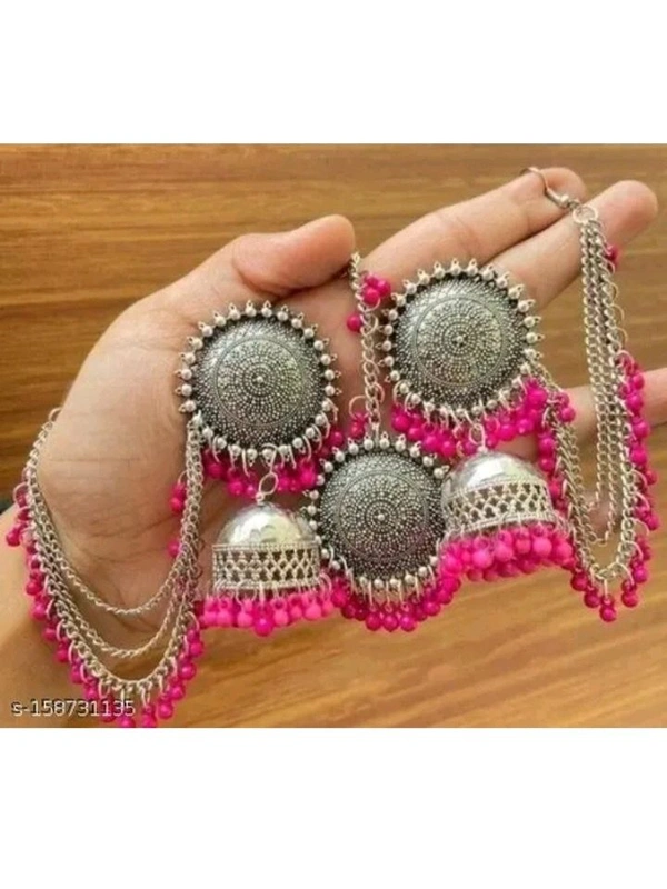 Oxidized Silver Jhumka Earrings with Multi-Layer Chain & Beaded Tassels for Women and Girls - Traditional Afghani Tribal Ear Chain Jewelry (Available in Multiple Colors)" - Pink
