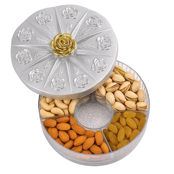 Rose Design Dry Fruit Storage Tray with Lid – 5 Section Organizer