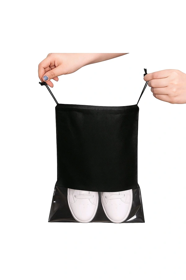 Multipurpose Travel Shoe Storage Bag with Transparent Window – Black (Drawstring Closure)
 - Pack 6