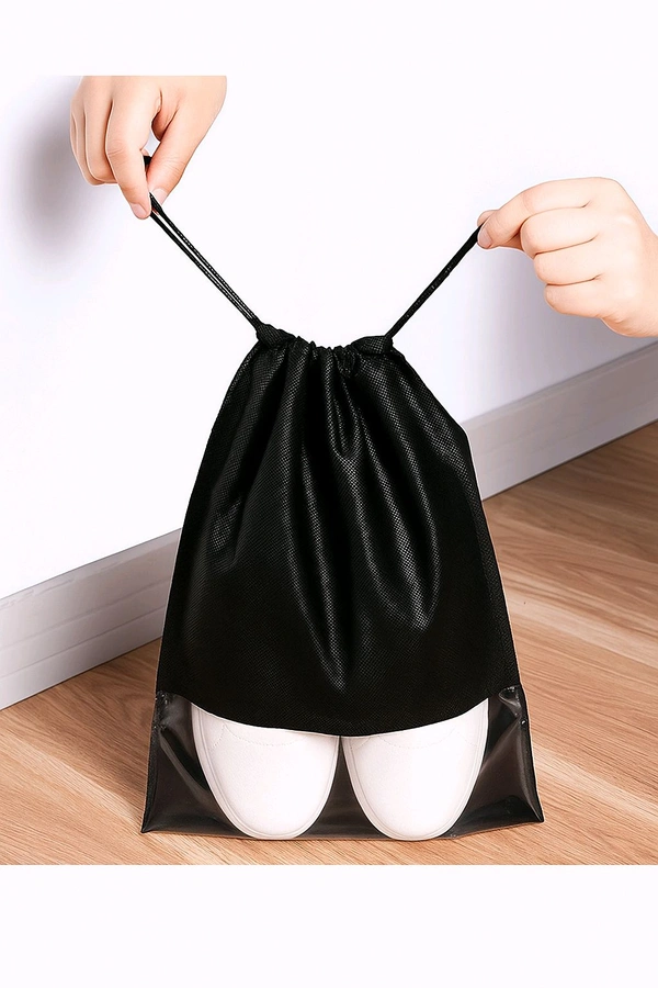 Multipurpose Travel Shoe Storage Bag with Transparent Window – Black (Drawstring Closure)
 - Pack 1