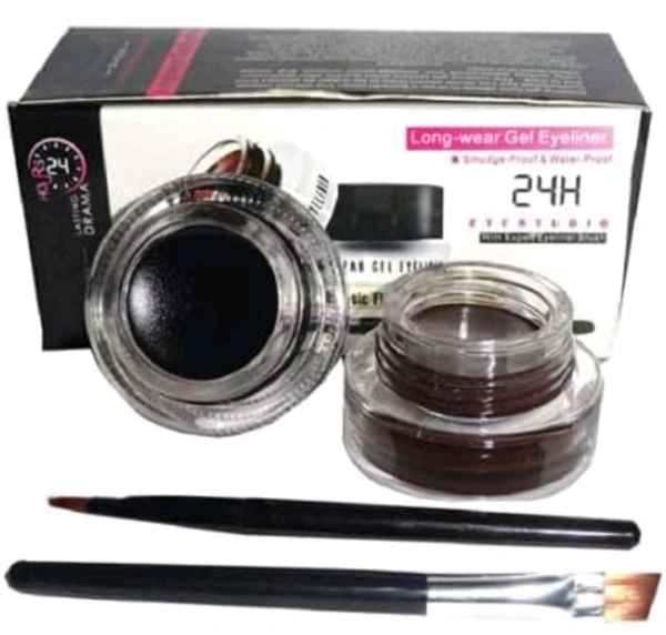  Eye Makeup 2 in 1 Brown + Black Gel Eyeliner Make Up Water-proof Smudge-proof Set Eye Liner Kit With Brushes (Black + Brown)