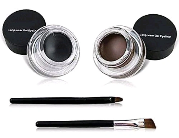  Eye Makeup 2 in 1 Brown + Black Gel Eyeliner Make Up Water-proof Smudge-proof Set Eye Liner Kit With Brushes (Black + Brown)