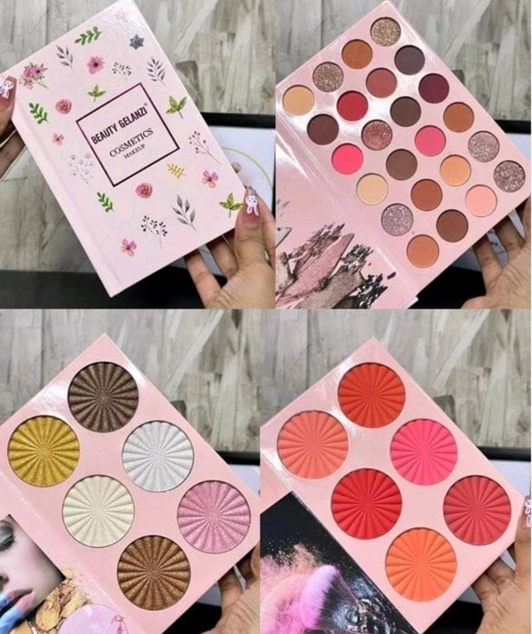 Beauty Gelanzi Professional Luxury Makeup Book,Palette 4 Set in 1 Book, 21 Eyeshadow Colours and 6 Highlighters,6 Blusher Contour,7 box Bronzer powder,Pink Floral Design