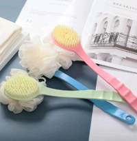 2-in-1 Body Brush - Long Handled Back Scrubber with Soft Bristles & Loofah | Exfoliating Bath Brush for Skin Massage | Wet & Dry Brushing for Smooth, Glowing Skin | Unisex | Multi-Color (Pack of 1)