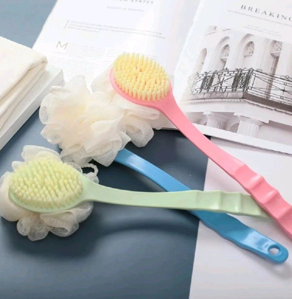 2-in-1 Body Brush - Long Handled Back Scrubber with Soft Bristles & Loofah | Exfoliating Bath Brush for Skin Massage | Wet & Dry Brushing for Smooth, Glowing Skin | Unisex | Multi-Color (Pack of 1)