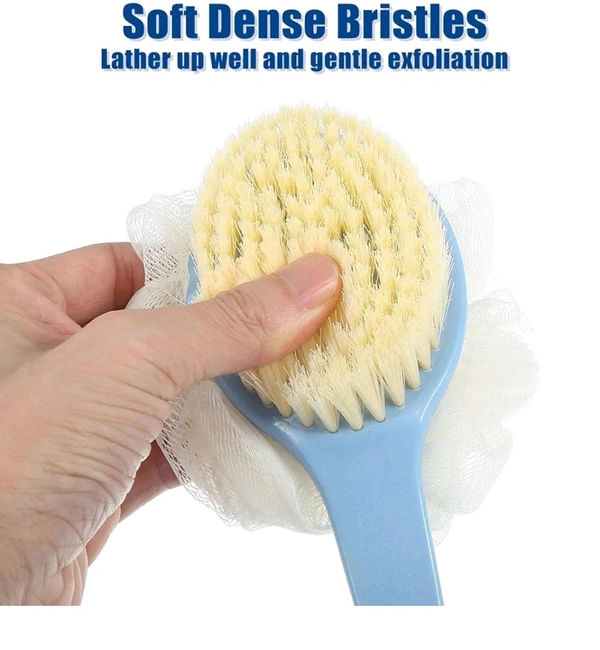 2-in-1 Body Brush - Long Handled Back Scrubber with Soft Bristles & Loofah | Exfoliating Bath Brush for Skin Massage | Wet & Dry Brushing for Smooth, Glowing Skin | Unisex | Multi-Color (Pack of 1)