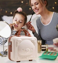 Cosmetic Case Cartoon Bear Storage Box Mini Suitcase Lightweight Password Lock, Hand Luggage Storage Bag with Zipper Clip-on Function, Water Proof Cosmetic Travel Case for Womens, Girls-1PCS