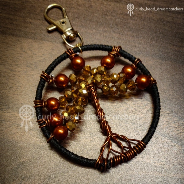 Tree Of life Bag Charm - Golden and Brown, Golden Clip keyring, Brown, Black