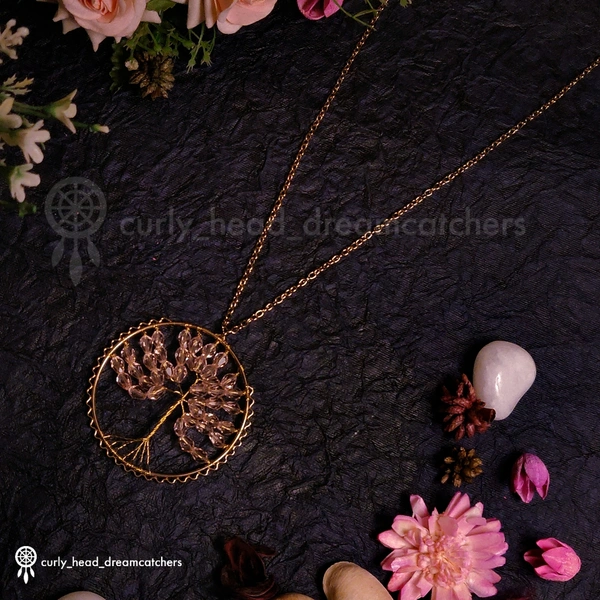 Tree Of Life Pendant Necklace - Light Pink, Golden