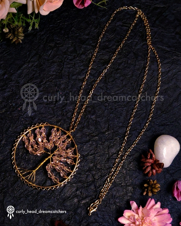 Tree Of Life Pendant Necklace - Light Pink, Golden