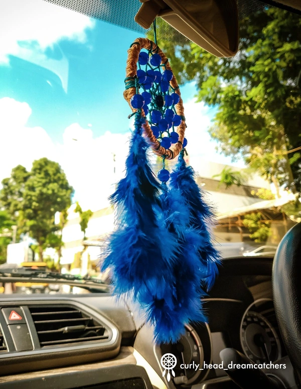 Dark Blue Dreamcatcher Car Hanger - Dark Blue, Brown Jute Strings, Small