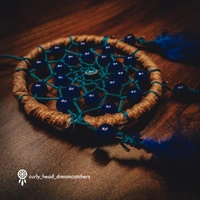 Dark Blue Dreamcatcher Car Hanger - Dark Blue, Brown Jute Strings, Small