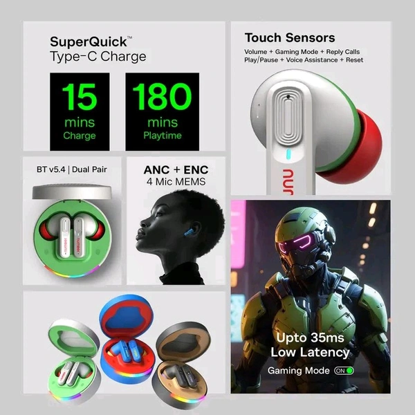 Number SuperBuds 555 with Dual Pair, 66H Battery, 32dB ANC|4Mic ENC|35ms Latency Gaming Bluetooth  (Grey Forest, True Wireless)