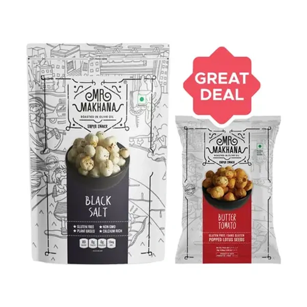 Mr. Makhana Black Salt Flavoured Makhana + Butter Tomato Flavoured Makhana Combo (55Gm + 25Gm) - 80 gm - 80 gm