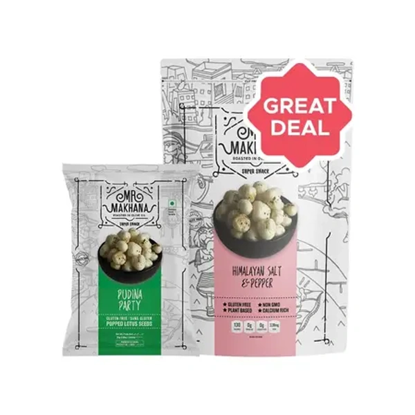 Mr. Makhana Pudina Party Flavoured Makhana + Himalayan Salt & Pepper Flavoured Makhana (Standee Pouch) Combo (25Gm + 55Gm) - 80 gm - 80 gm