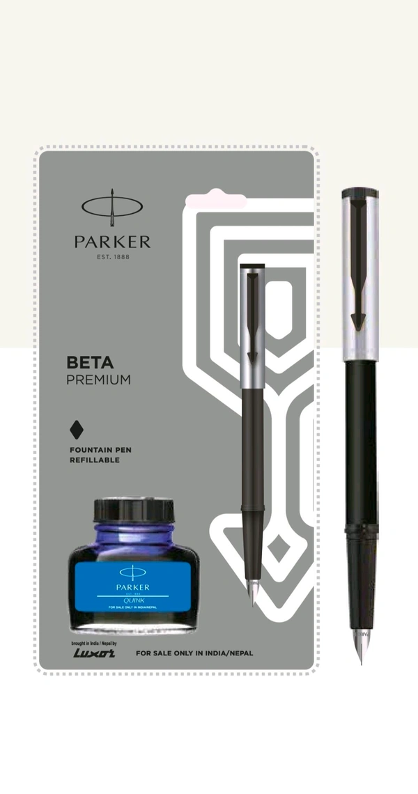 PARKER  BETA PREMIUM FOUNTAIN PEN WITH COATED CLIP +INK BOTTLE - Silver