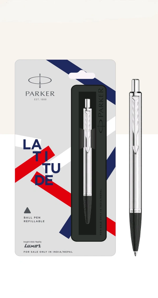 PARKER  LATITUDE SHINY CHROME BALL PEN WITH CHROME/GOLD TRIM  - Silver