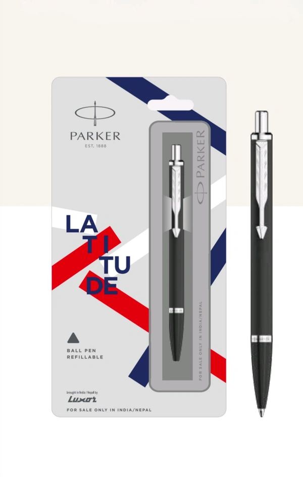 PARKER LATITUDE  MARTE BLACK BALL PEN WITH CHROME/GOLD TRIM  - Silver