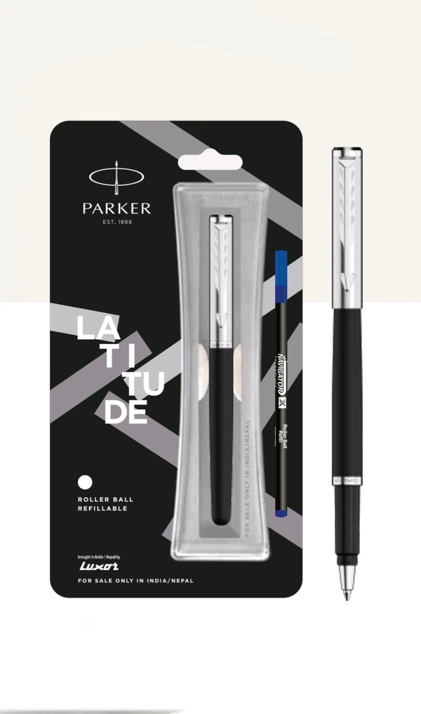 PARKER LATITUDE MATTE METALLIC ROLLER BALL PEN WITH CHROME TRIM/GOLD TRIM  - Silver