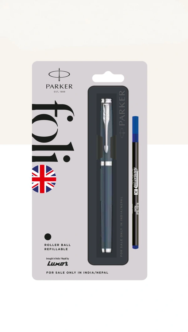 PARKER  FOLIO  STANDARD ROLLER BALL PEN WITH CHROME TRIM  - Dark Blue