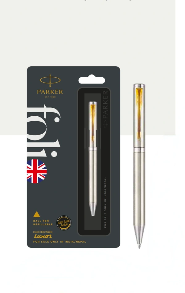 PARKER  FOLIO STAINLESS STEEL BALL PEN WITH GOLD TRIM 