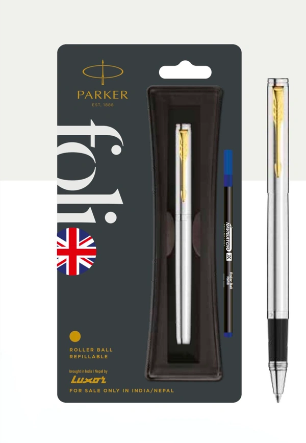 PARKER  FOLIO STAINLESS STEEL ROLLER BALL PEN WITH GOLD TRIM 